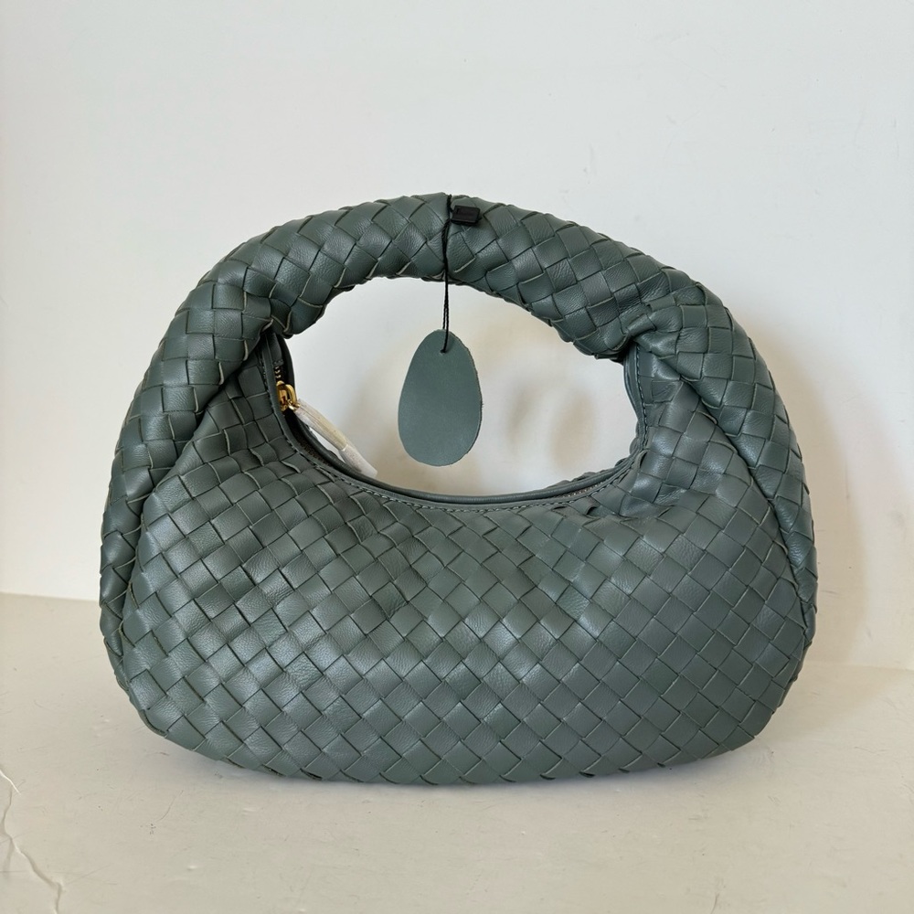 Real Leather | Gray Sage Intrecciato Padded Jodie Weave Knot Bag Satchel Purse